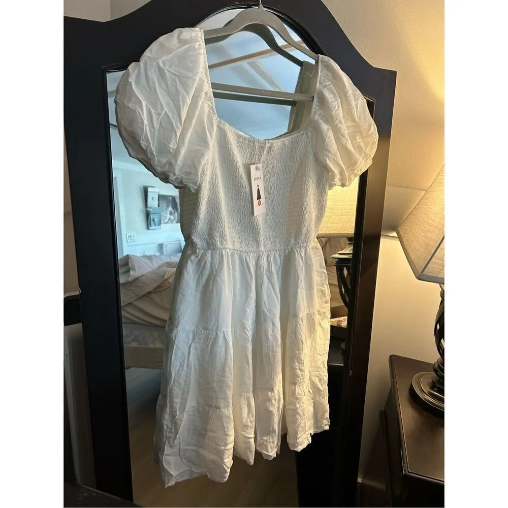 NEW Square Neck Puff Sleeve Off Shoulder Smocked Tiered Mini Dress S White - Image 7