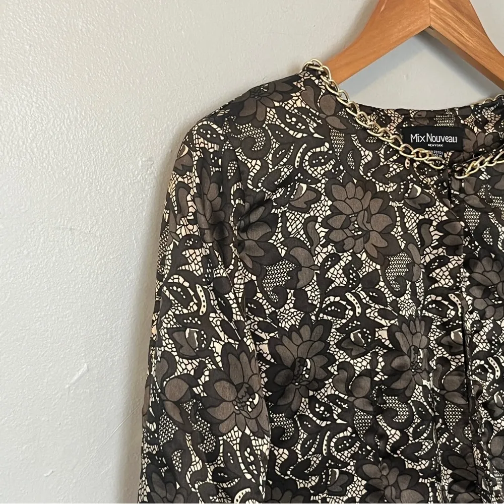 Mix Nouveau Silk Like Floral Pattern Blazer Jacket Coat Black Small - Image 4