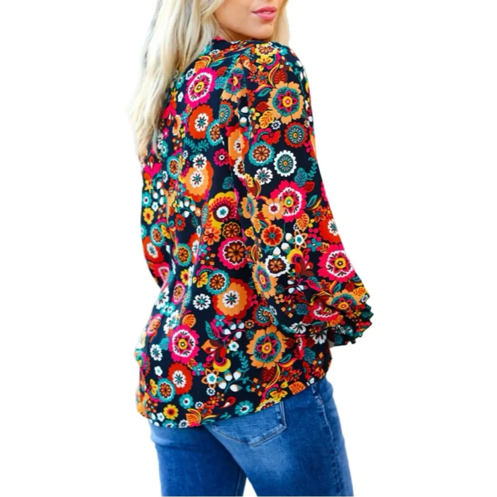 NEW HAPTICS BLACK/MAGENTA FLORAL READY FOR THE DAY SMOCKED BLOUSE - Image 5