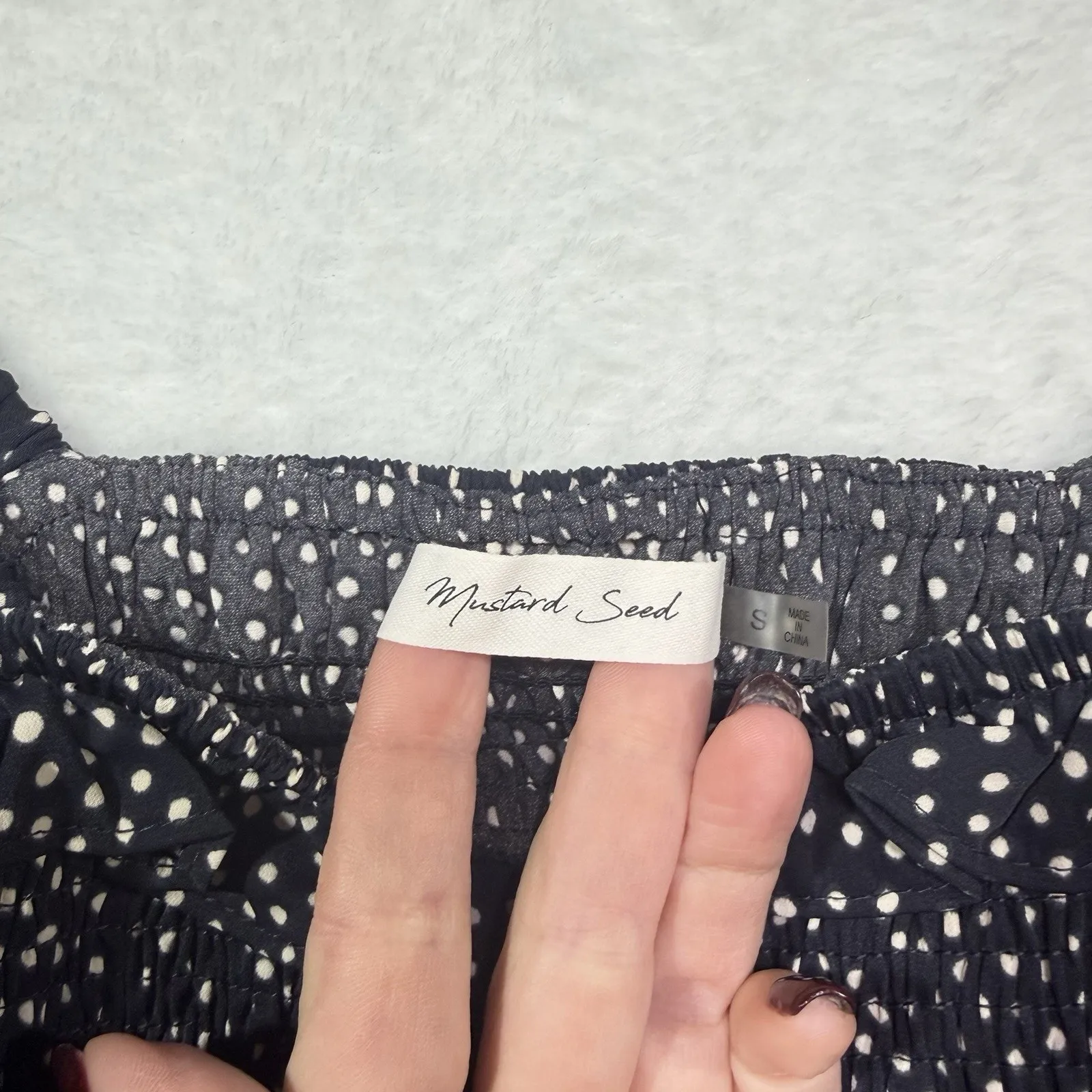 Mustard Seed Balloon Sleeve Cropped Smocked Blouse Polka Dot Black size S - Image 4