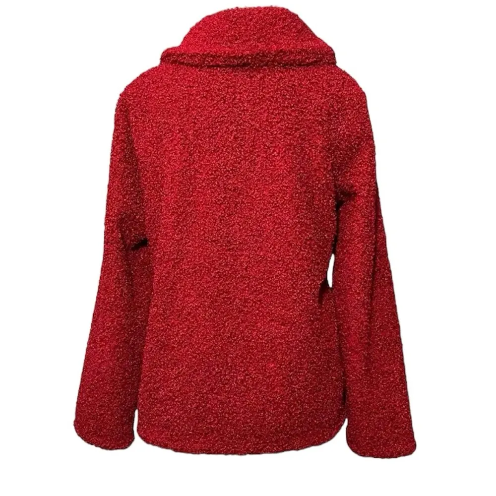 J. Jill Red Teddy Bear Fleece Full Zip Cardigan Sweater with Pockets Size Med - Image 4