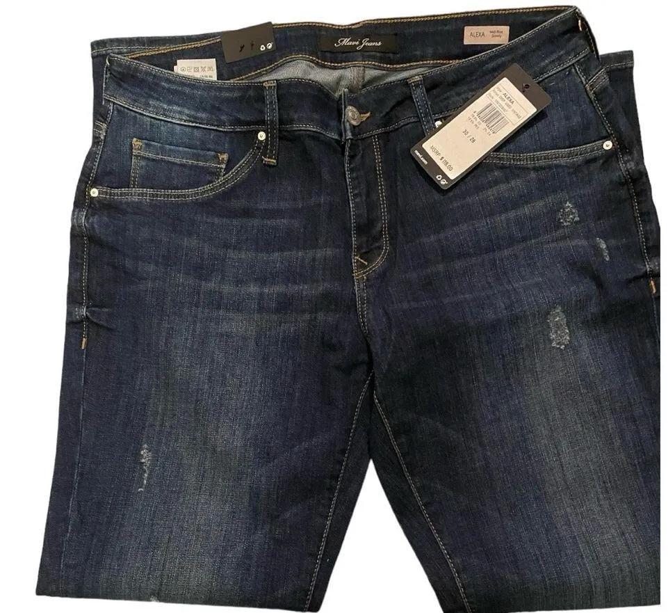 NWT Mavi Alexa Women’s Dark Wash Distressed Jeans 20/28 Cotton Blend MSRP: $118 Size 30 - Image 4