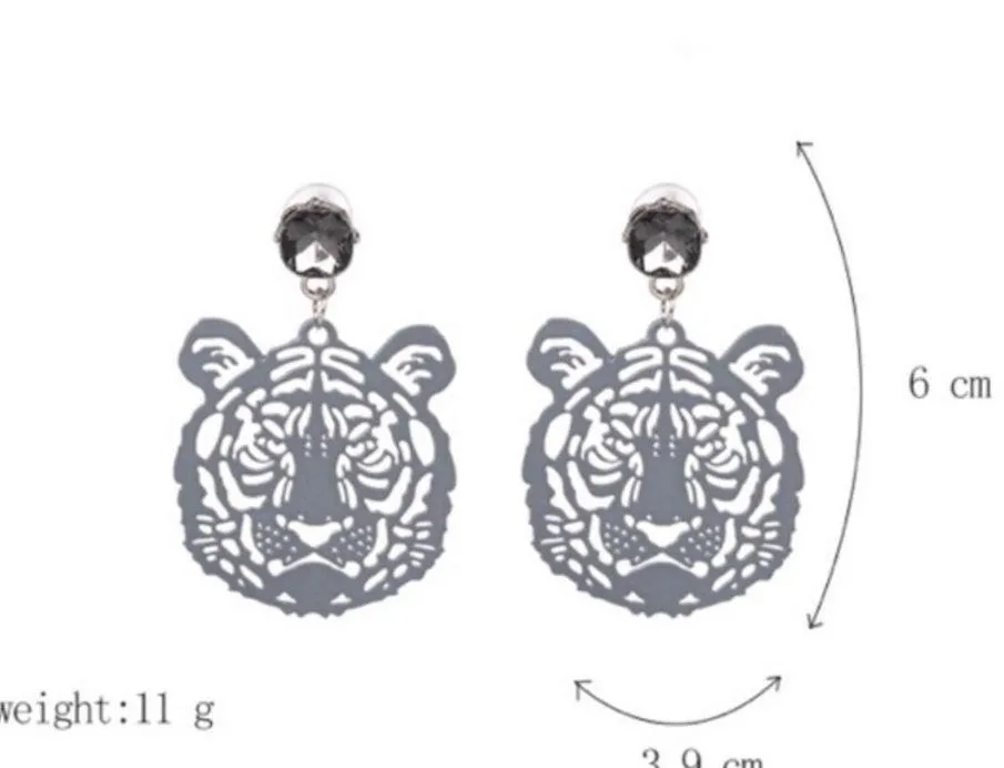 Black Metal Jewel Studded Tiger Cutout Earrings - Image 5