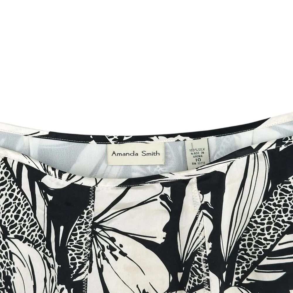Vintage 90s Floral Silk Skirt Black and White Size 10 A-Line Silky Cottage - Image 2