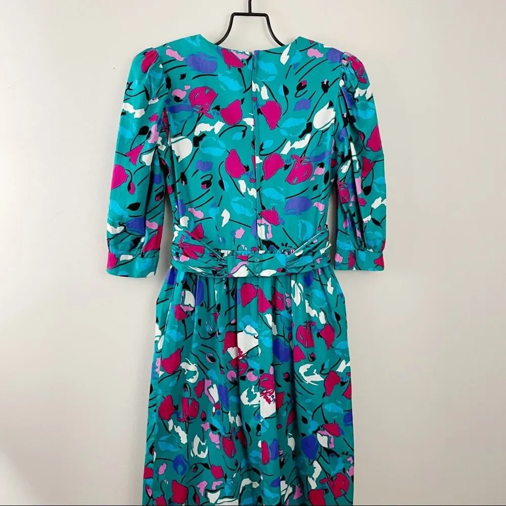 Vintage 80s 90s Lanz Originals Cotton Teal Tulips Floral Puff Sleeve Dress 10 Size undefined - Image 6