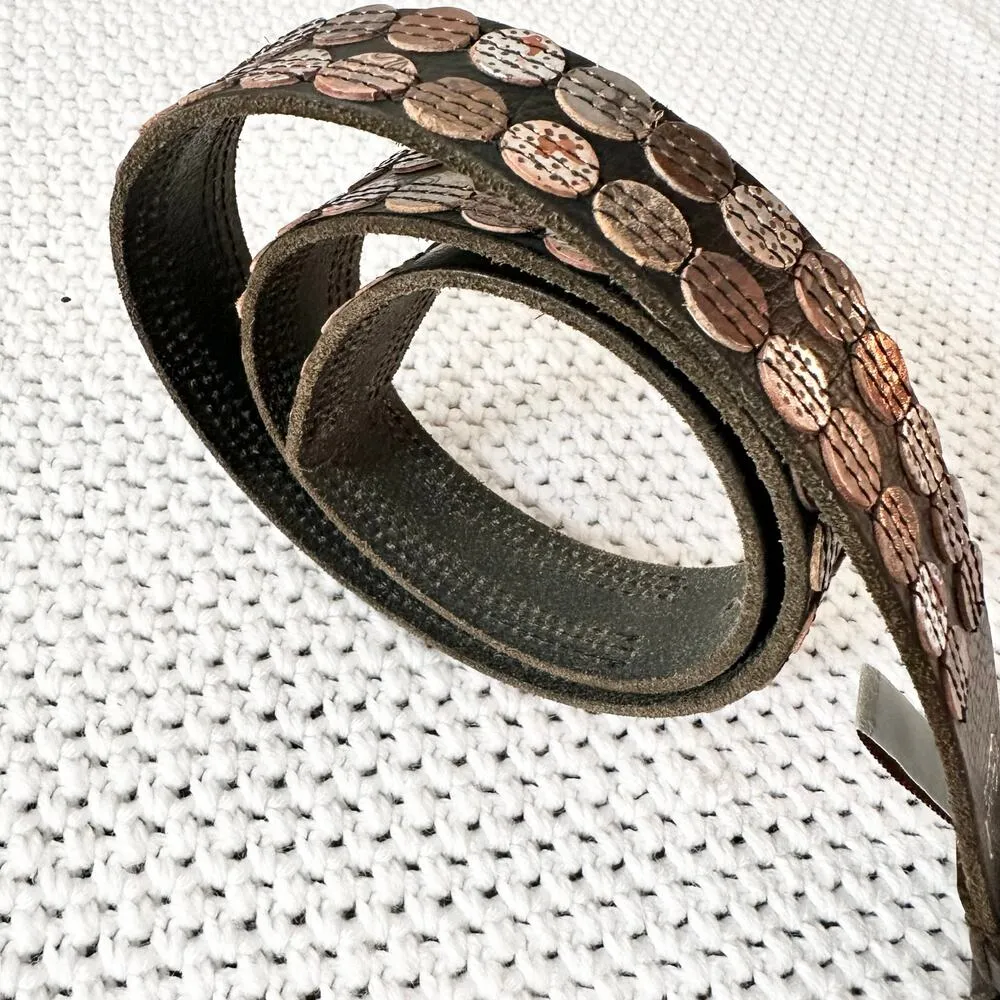 Fossil Vintage Black Leather Bronze Metallic Medallion Matte Geometric Belt M/L - Image 5