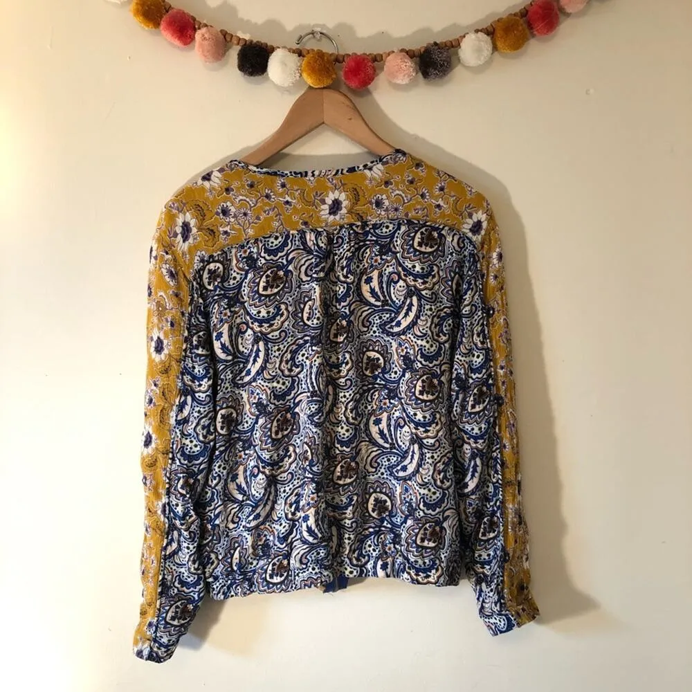 Umgee USA Womens Floral Print Bomber Zipper Jacket Blue Yellow Mix - Image 7