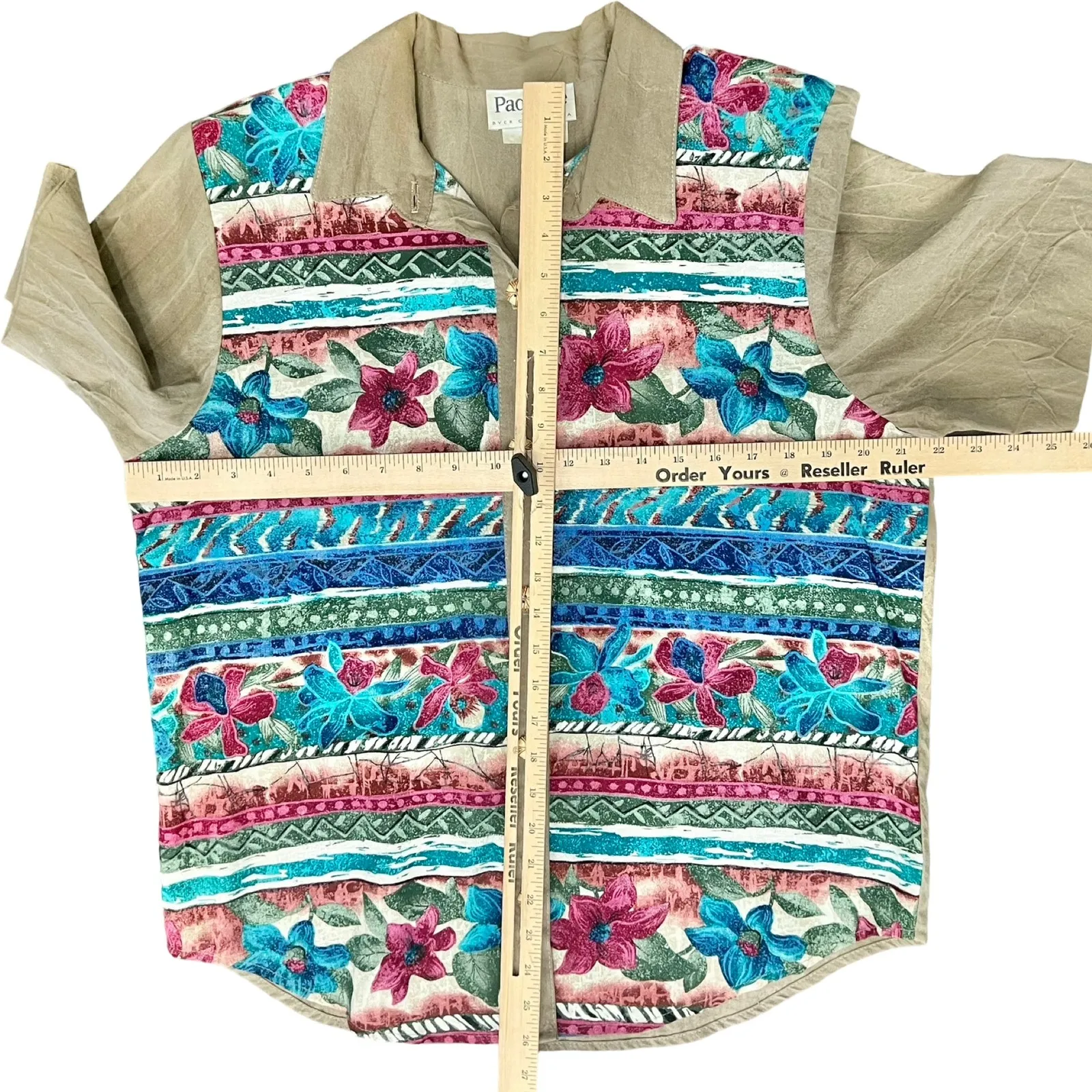 Vintage 90s Brown Floral Striped Short Sleeve Collared Button Down Shirt size M Size M - Image 6