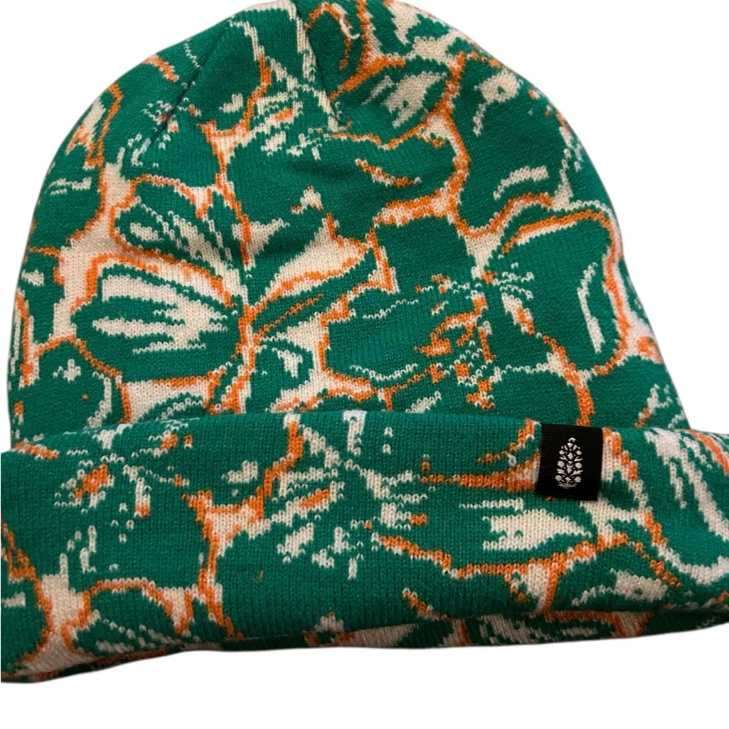 New FREE PEOPLE Jumping Jacquard Beanie Green Floral knit hat FP Movement - Image 2