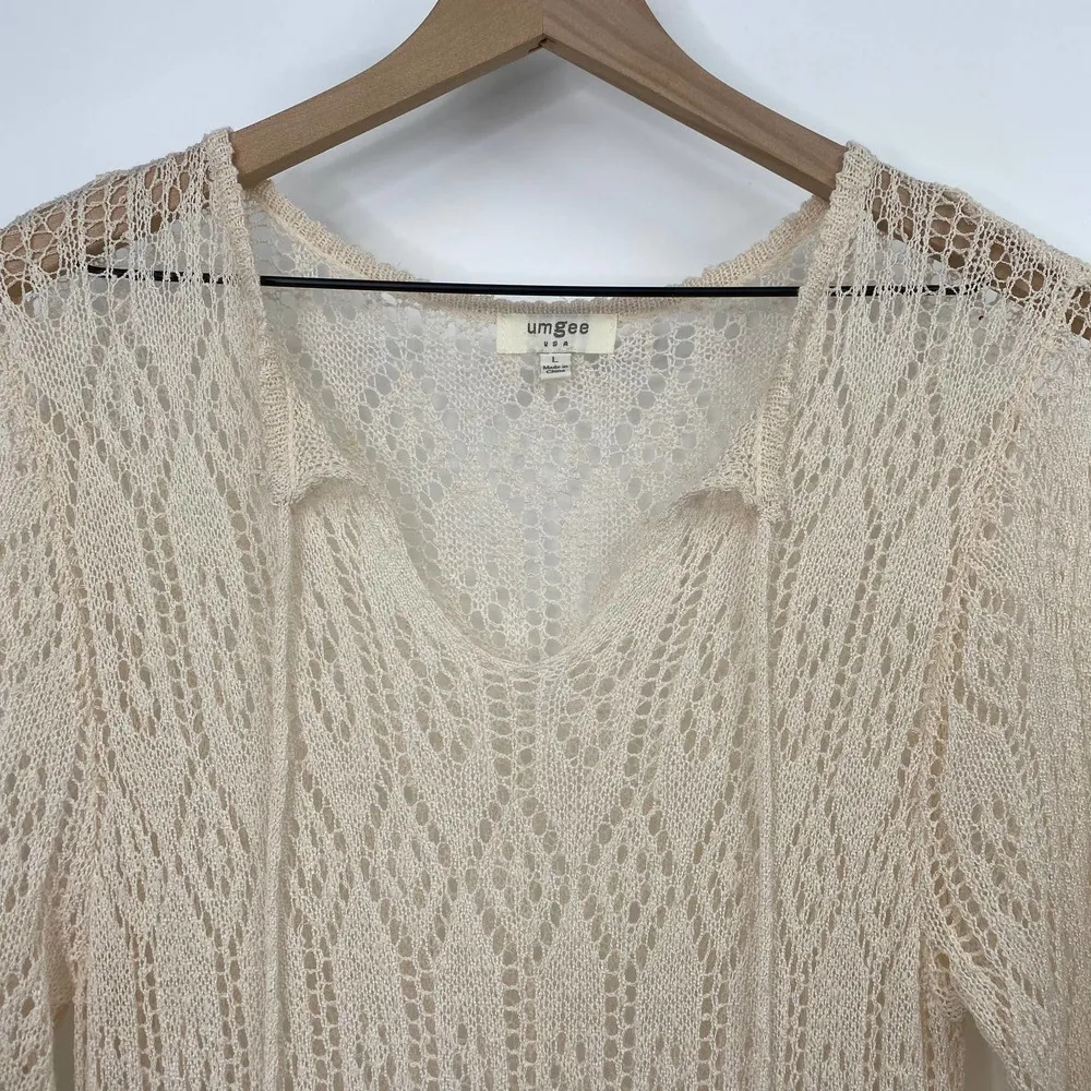 Umgee Crochet Lace Knit Sheer Mini Dress Coverup Keyhole Tie Long Sleeve Cream L - Image 4