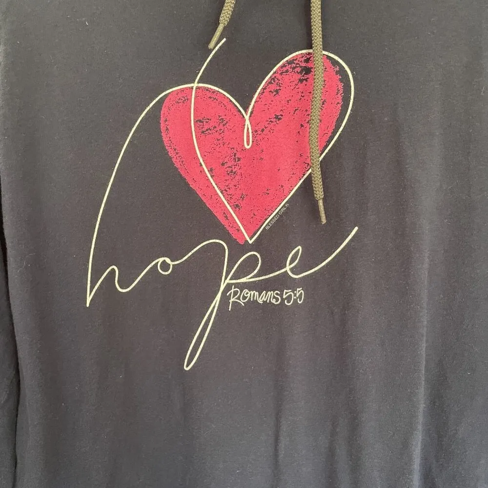 Hope Romans 5:5 navy blue and pink heart decal hooded sweatshirt women's size M Size M - Image 2