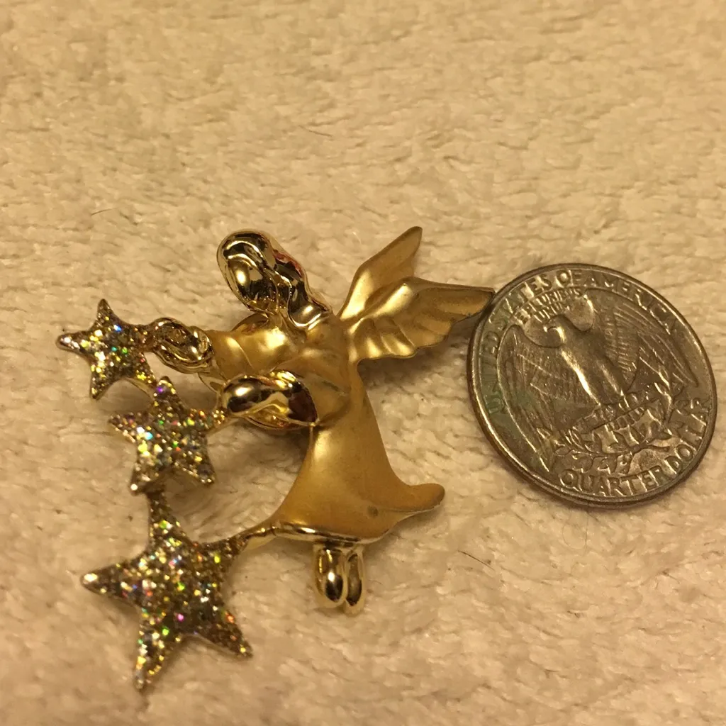 Gold Tone Angel Brooch Pin | Celestial Guardian with Crystal Stars - Image 4