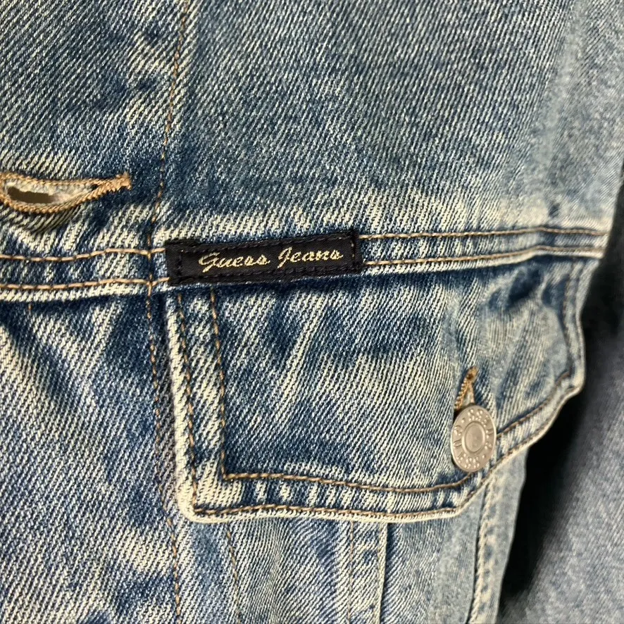 Vintage GUESS USA Denim Jacket Brown Leather Collar Made in USA Womens Small - Image 4