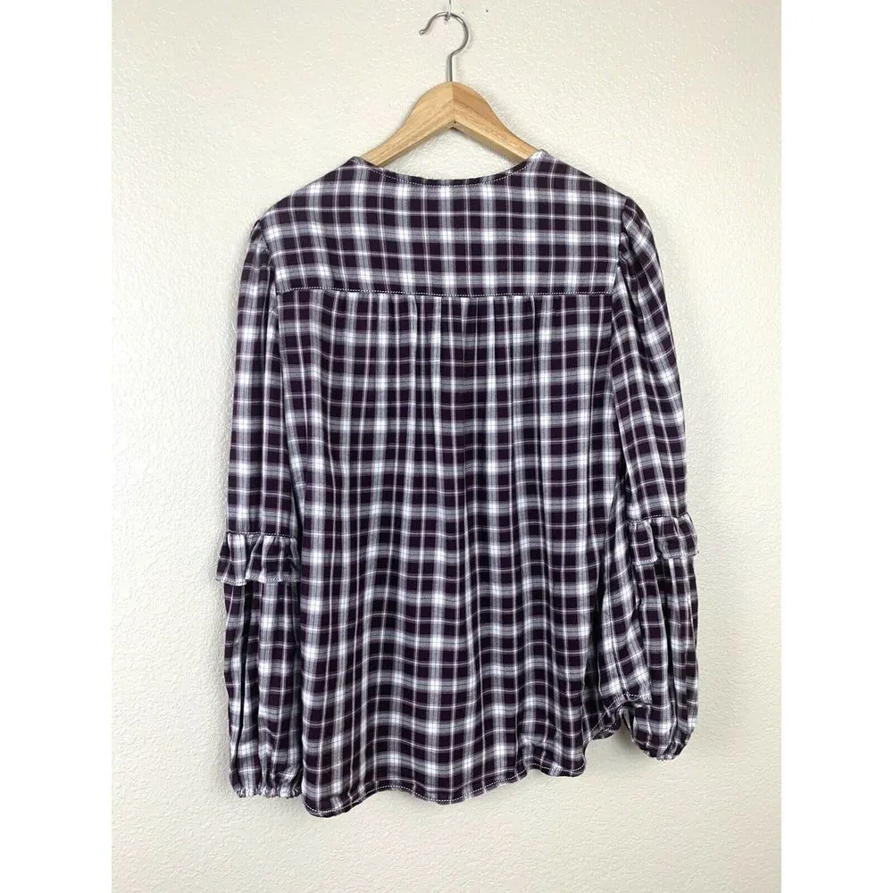 Max Studio Plaid Ruffle Sleeve Top Button - Image 6