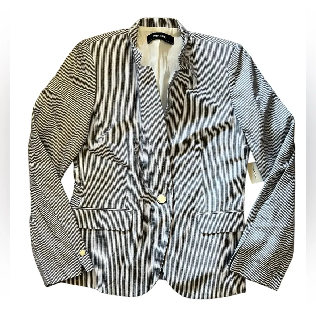 Zara Basic Blue and White Pin Stripe Linen Blend Blend Blazer | Medium NWT - Image 2