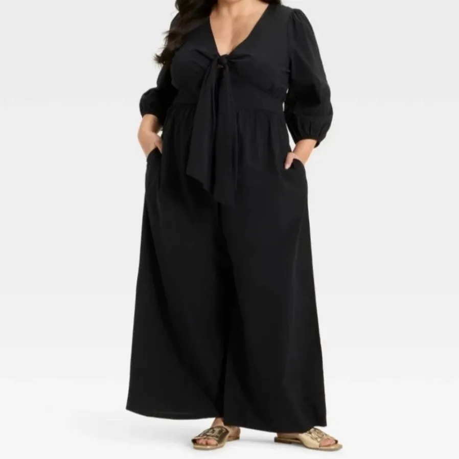 AVA & VIV Black Tie Front Wide Leg Jumpsuit Plus Size 3X Balloon Sleeve - Image 5