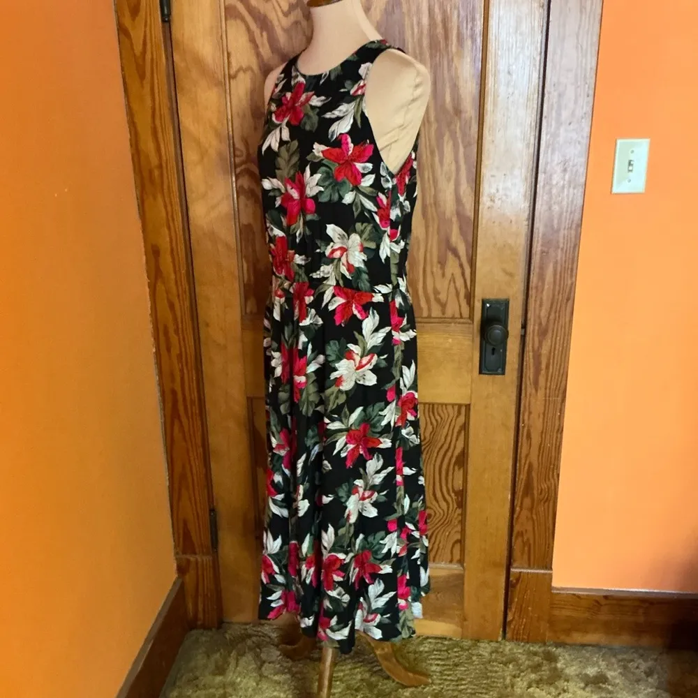 Vintage 90s Bright Tropical Flowers Summer Dress Red Size 10 - Image 6