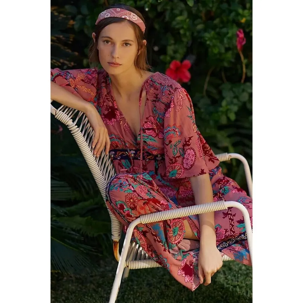 NWT by Anthropologie Ruffled Embroidered Maxi in Pink Floral V-neck Dress S - Image 7