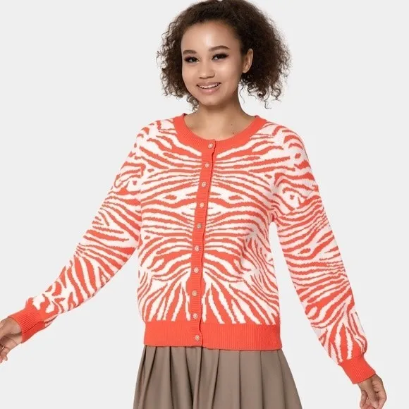Halara Orange sz M Round Neck Button Front Animal Print Cardigan - Image 9