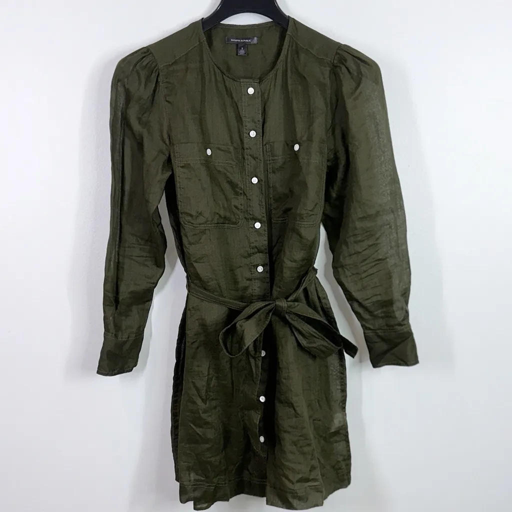 Banana Republic hunter green Ramie linen belted shirt dress size small - Image 2