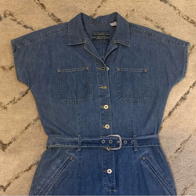 Vintage 90s Liz Claiborne Blue Denim Romper with Belt and Collar - Image 4
