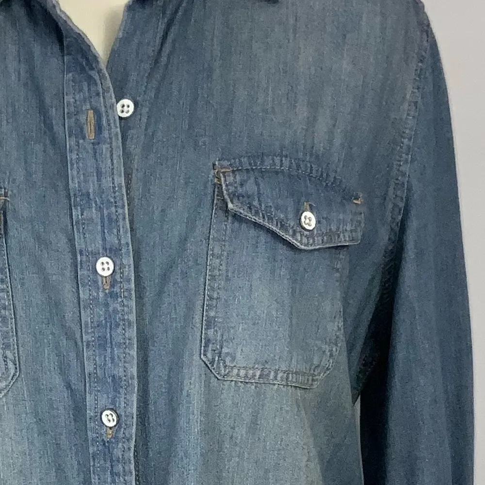 Universal Threads Blue Faded Button Down Raw Hem Belted Denim Casual Dress Small - Image 14