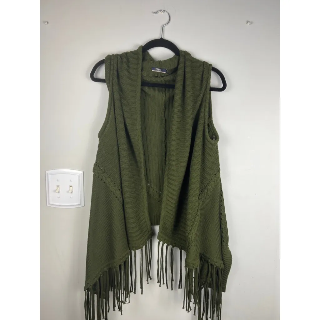 Silver Jeans Co. Olive Green Knit Fringe Vest | Open Front Boho Sweater Cardigan - Image 2