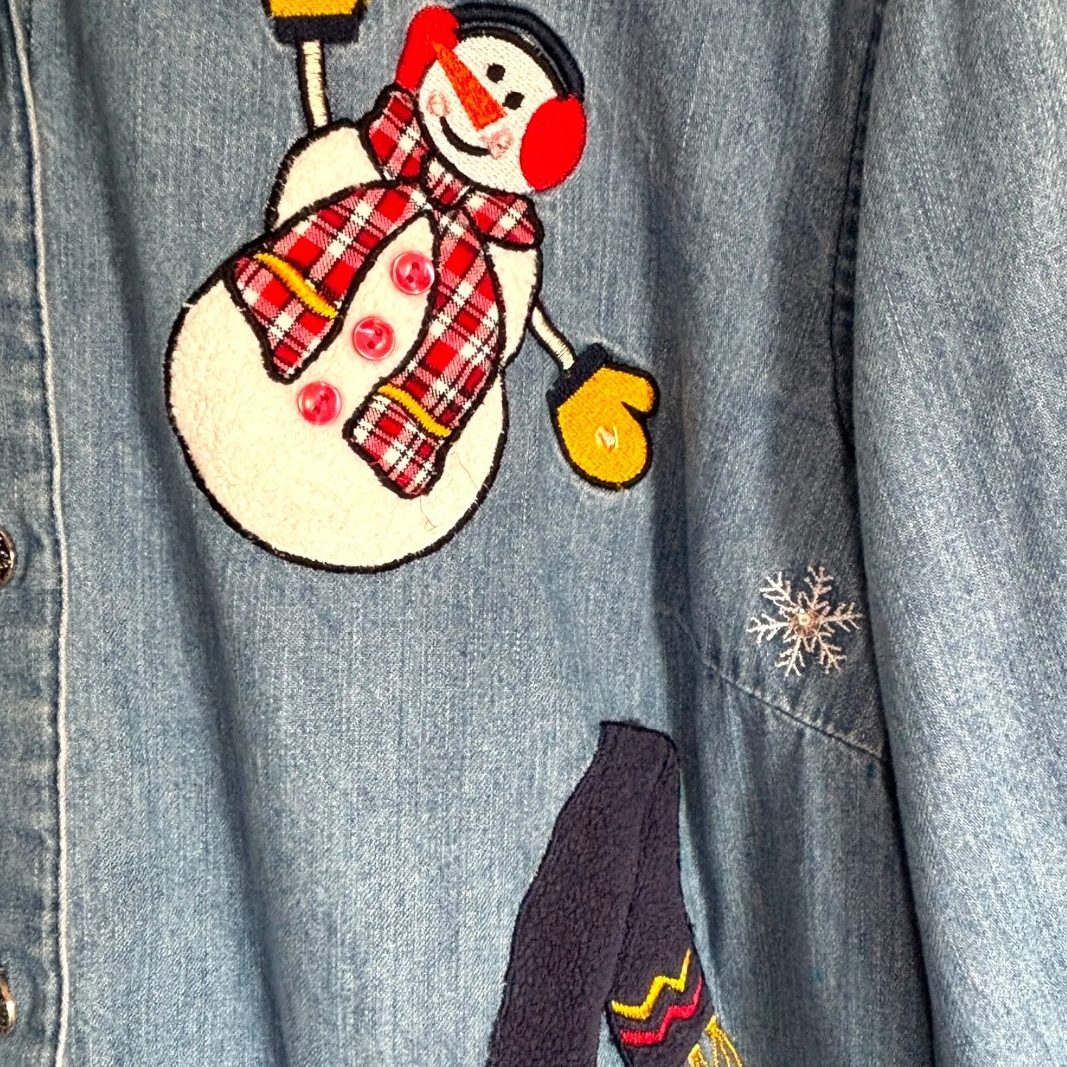 Vintage Womens Denim Shirt 18/20W Snowman Embroidered Christmas Button Front Y2K - Image 5