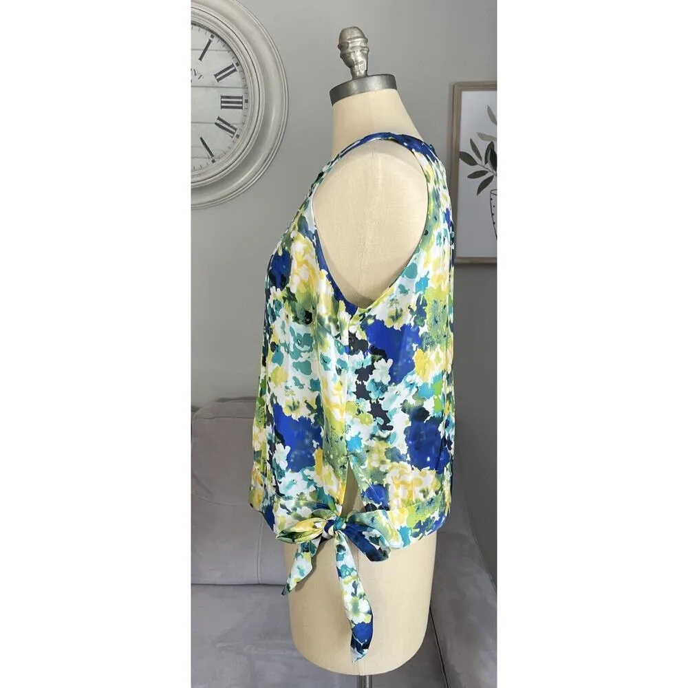 Apt. 9 Top Womens Size PL Blue Green Floral Sleeveless Blouse Pleated Side Tie - Image 3