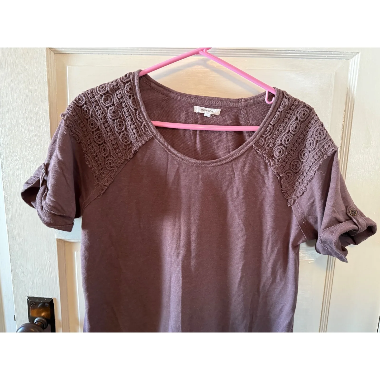 Maurices Womens Purple Crochet Sleeve Tunic  Rolled Cuff Distressed Hem shirt - Image 4