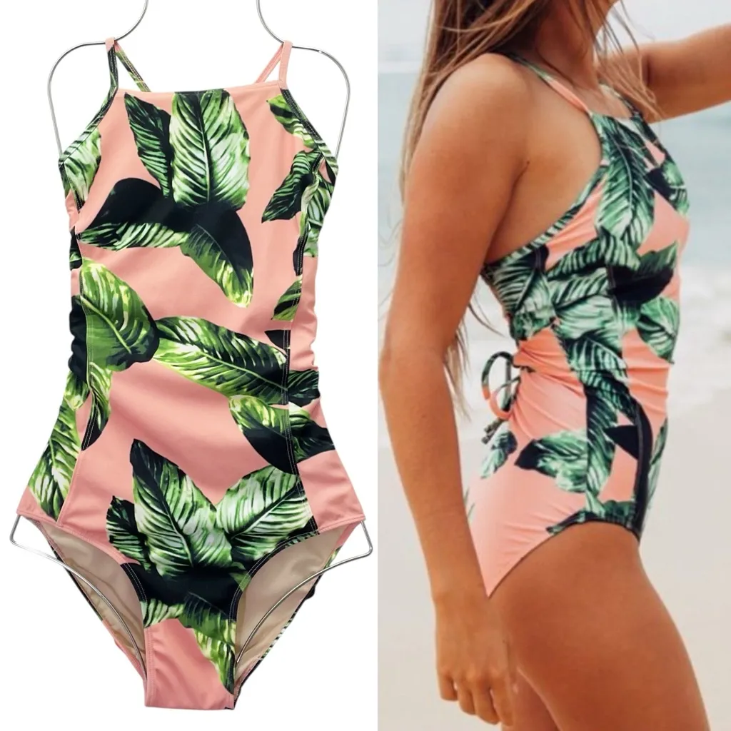 Albion Waikiki One Piece Swimsuit Pink Green Leaf Print Lace Up Back Size Small - Image 14