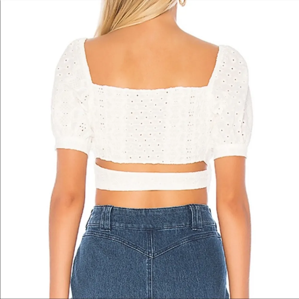 For Love And Lemons Charlotte Eyelet Wrap Tie Crop Top in White - Image 9