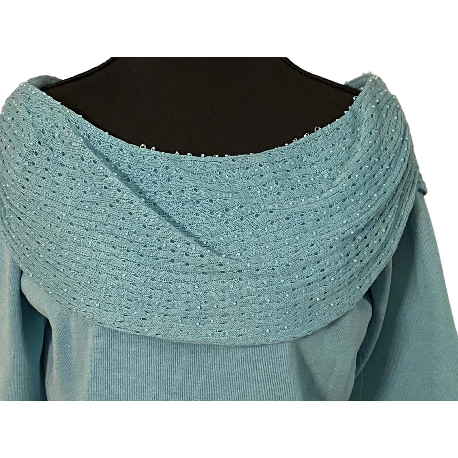 NWT Sharon Young Blue Off Shoulder Beaded Sweater Med Silk Blend Elegant Top - Image 3