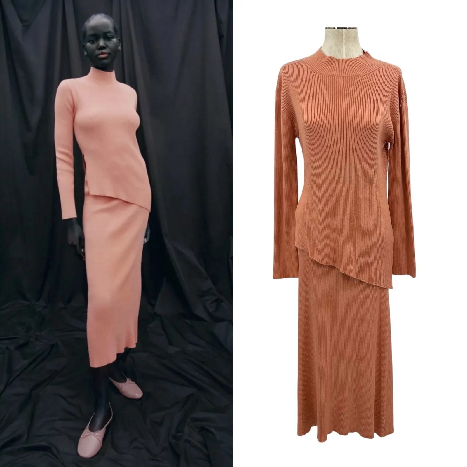 Zara Skirt Set Sweater Knit Ribbed Mock Turtleneck Asymmetric Hem‎ Pink Large - Image 2