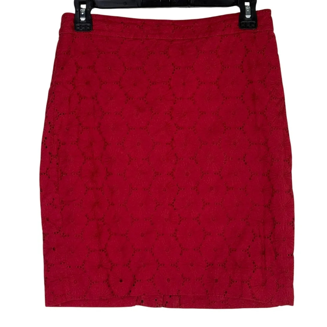 J. Crew The Pencil Mini Skirt Floral Eyelet Lace Lined Back Zip Up Slit 2 P Red - Image 13