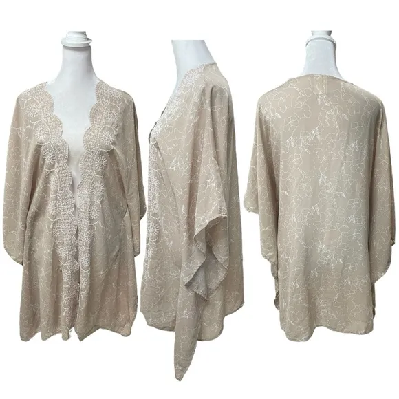 Tan  White Floral Print with Embroidered Detail Open Front Kimono One Size - Image 2
