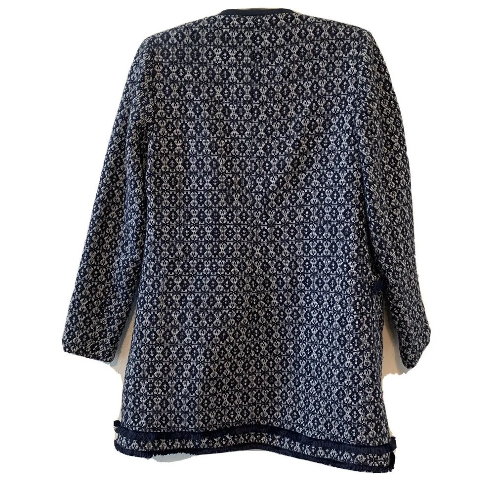 Carolina Belle Montreal Size XS Blue White Printed Tweed Duster Open Coat Jacket - Image 3