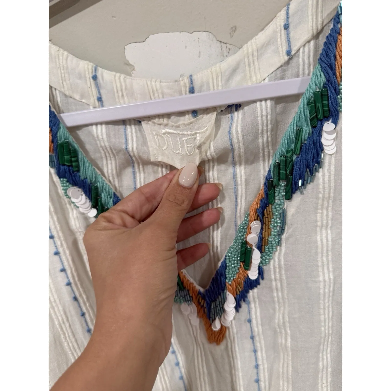 Anthropologie Duet Womens Anais Kaftan Dress White Blue Striped One Size 2353 - Image 5