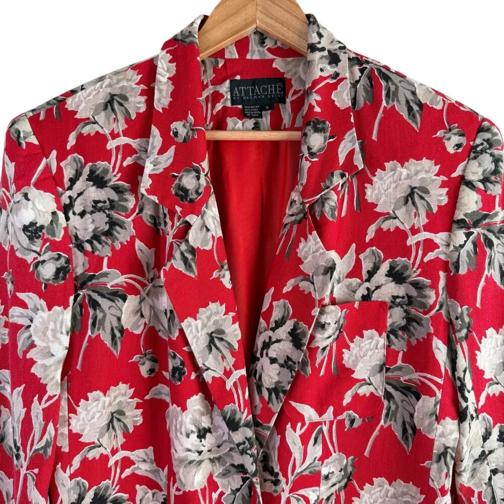 Vintage 80s Attaché by Herman Geist Linen Red Floral Blazer Jacket, Size 8 - Image 2
