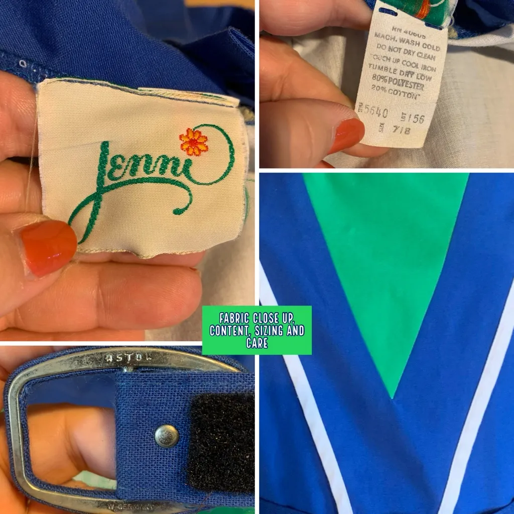 VINTAGE 1980'S JENNI BLUE, GREEN & WHITE COLOR BLOCK DRESS W/BELT (7/8/S) - Image 12
