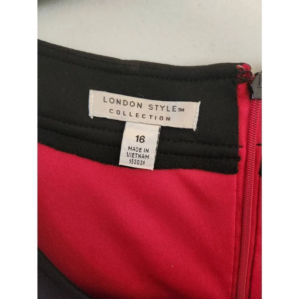 London Style Women Red Black Colorblock Sleeveless Sheath Dress Zip back Size 16 - Image 2