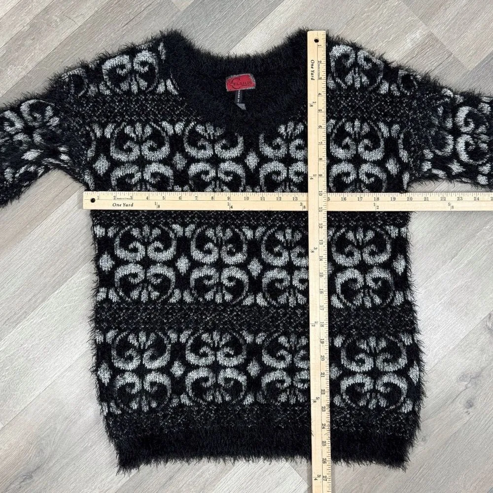 Celsius Premium Scroll Print Fuzzy Eyelash Knit Sweater Black XL - Image 12