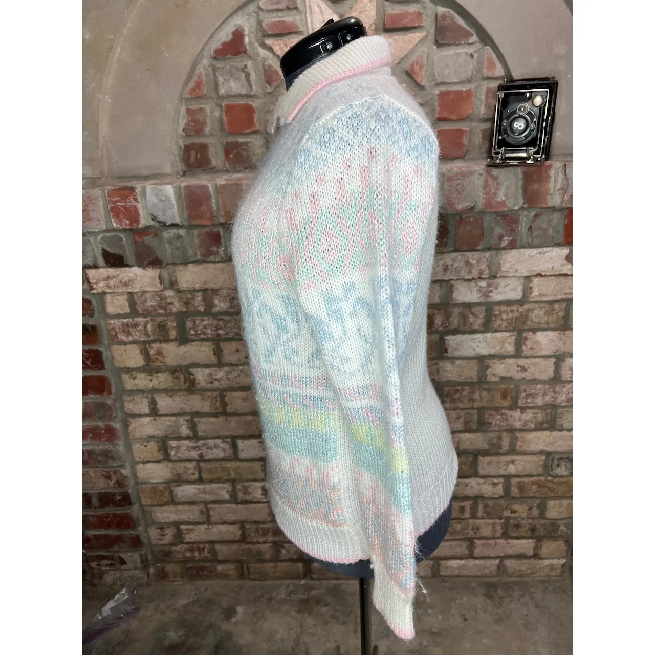 sweater patterned geometric leaves vintage 1980s pastel collared Pink Size L - Image 6