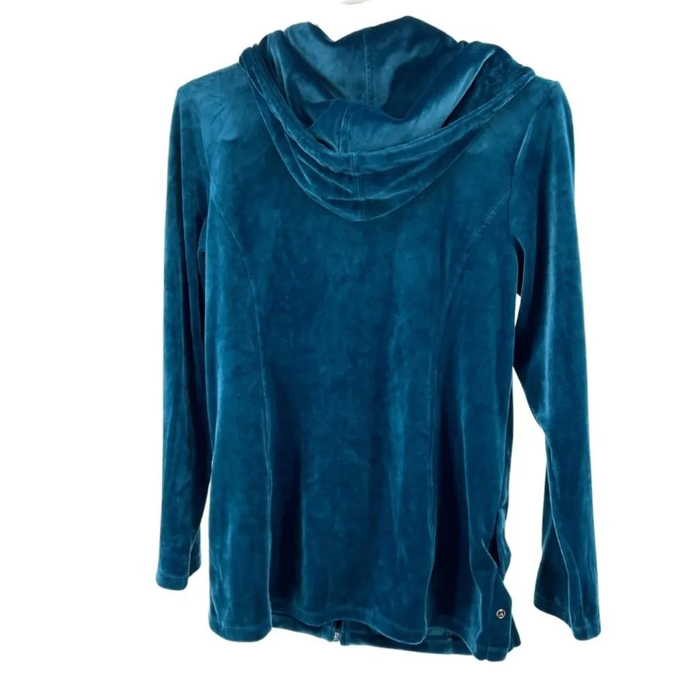 Zynergy by Chicos side snap velour teal size 0 4/5 hooded zip up casual workout - Image 4