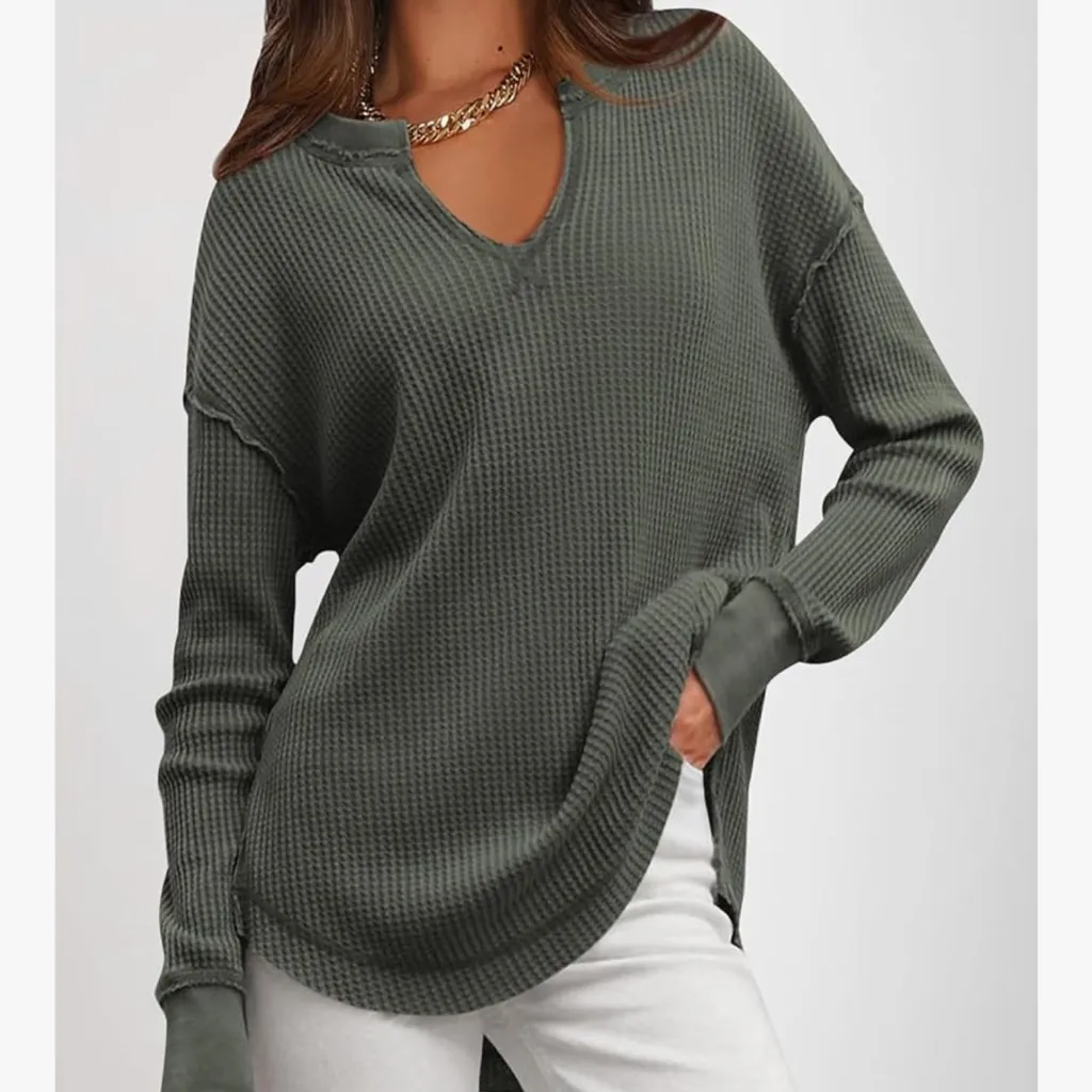 Women's Long Sleeve Waffle Knit Top - Dark Gray - Image 3