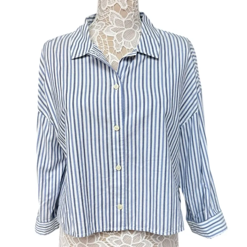 Everlane Blue White Stripe Cotton Boxy Crop Pajama Top Size Medium EUC - Image 4