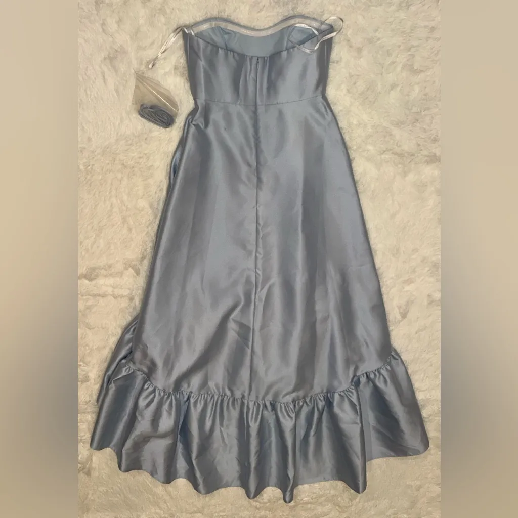 NWOT Alfred Sung Strapless Ruffle High-Low Satin Mist Blue Gown Sz 6 - Image 6
