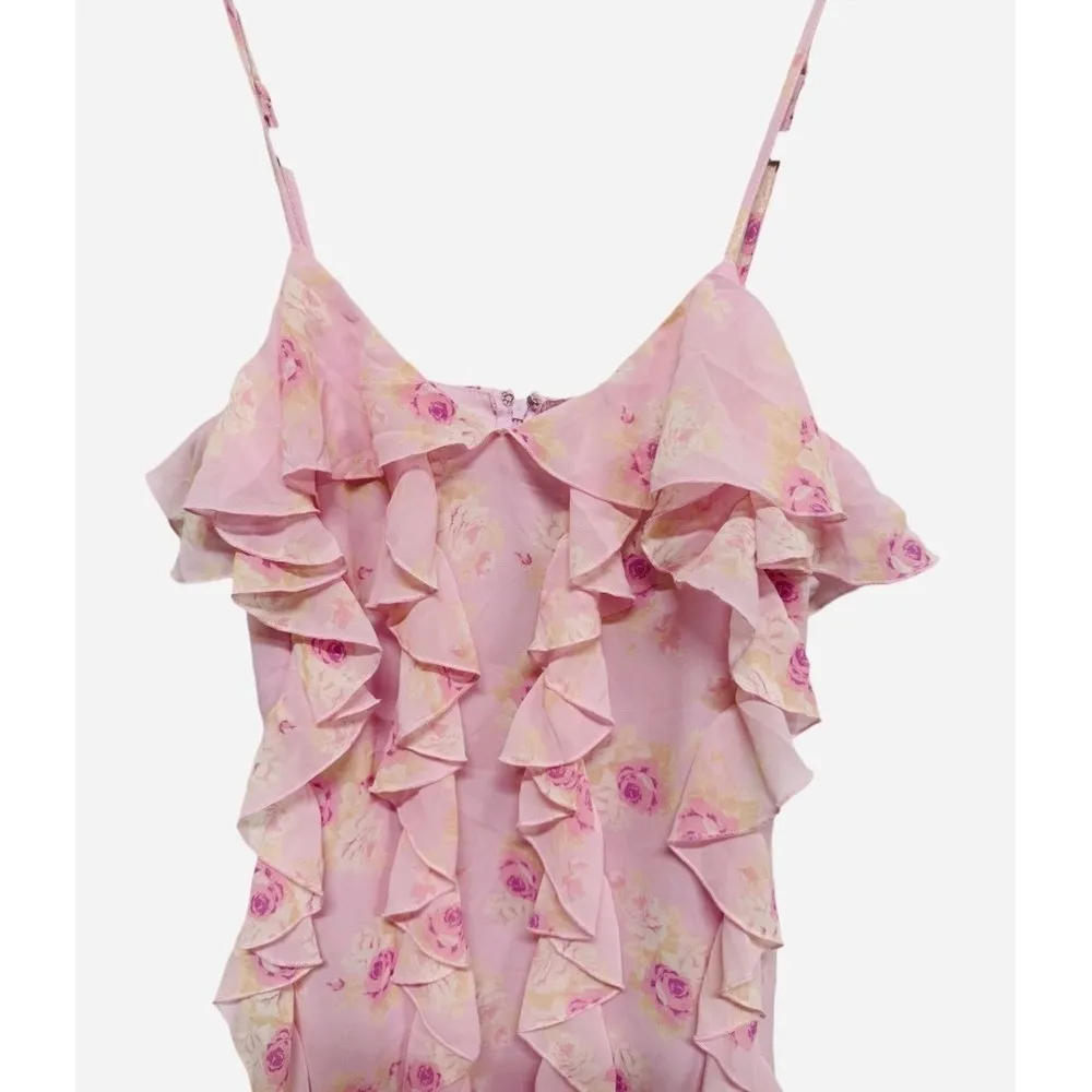 Preppy, Coquette, Feminine Lined Maxi Frilly Tank Dress Pink Floral Size Medium - Image 4