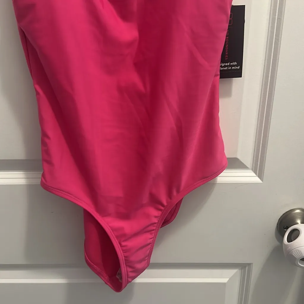 No Boundaries Pink One-Piece High Leg Swimsuit Yellow and Green Straps Size M - Image 3