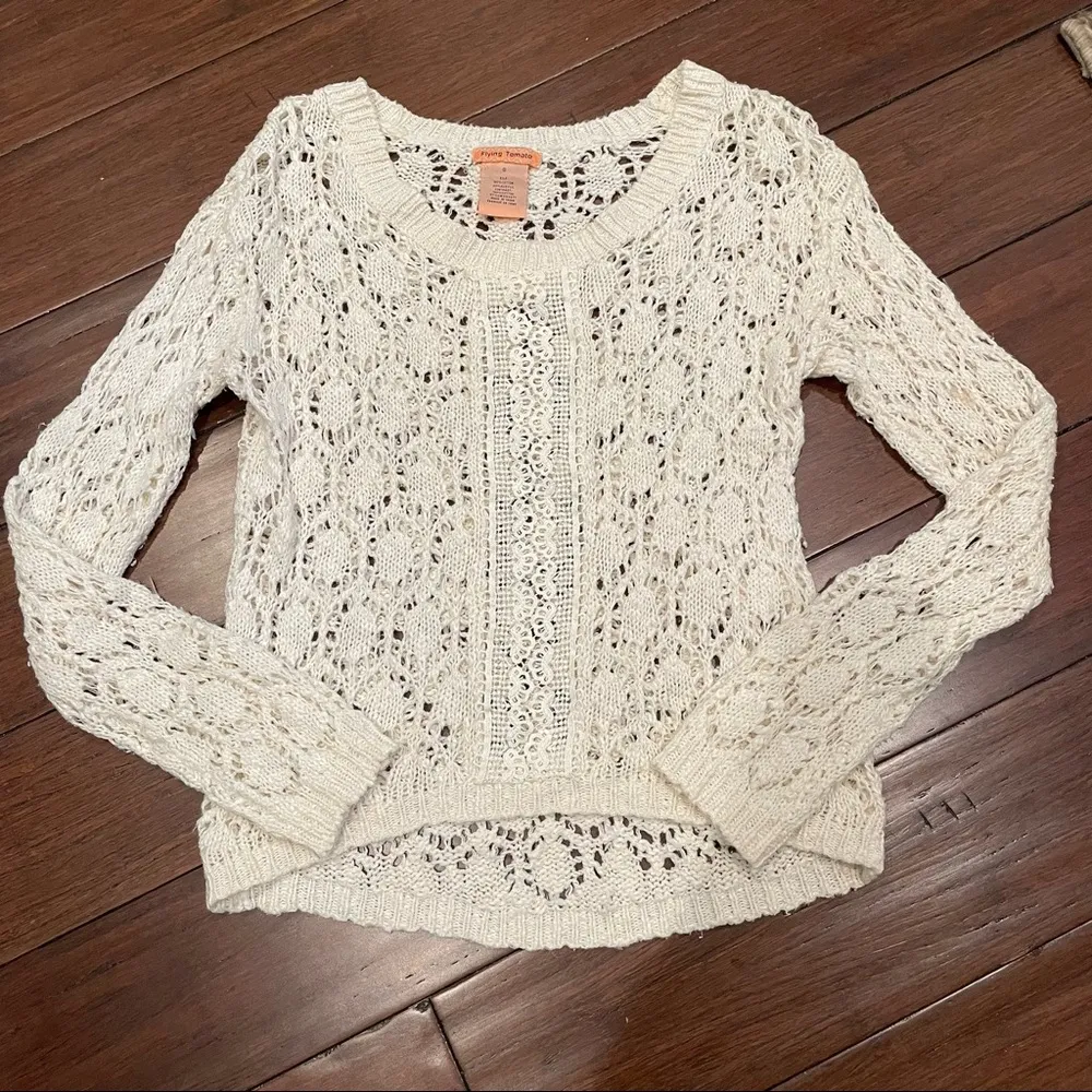 Flying Tomato Cream Crochet Open Knit Long Sleeve Sweater Small - Image 4